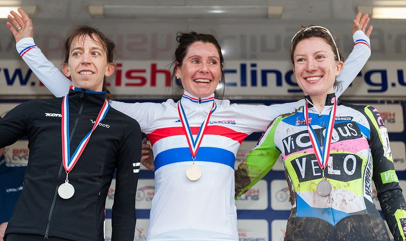 Nikki Harris (Boels Dolmans CT) flanked by Helen Wyman and Delia Beddis on the podium at the British National Cyclo-cross Championships.