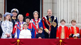 LONDON, UNITED KINGDOM - MAY 06: (EMBARGOED FOR PUBLICATION IN UK NEWSPAPERS UNTIL 24 HOURS AFTER CREATE DATE AND TIME) Lady Louise Windsor, Vice Admiral Sir Timothy Laurence, Sophie, Duchess of Edinburgh (wearing the Mantle of the Royal Victorian Order), Princess Charlotte of Wales, Princess Anne, Princess Royal, Catherine, Princess of Wales (wearing the Mantle of the Royal Victorian Order), Prince Louis of Wales, Prince William, Prince of Wales (wearing the Mantle of the Order of the Garter), Page of Honour Ralph Tollemache and Prince George of Wales (in his role as Page of Honour), watch an RAF flypast from the balcony of Buckingham Palace following the Coronation of King Charles III & Queen Camilla at Westminster Abbey on May 6, 2023 in London, England. The Coronation of Charles III and his wife, Camilla, as King and Queen of the United Kingdom of Great Britain and Northern Ireland, and the other Commonwealth realms takes place at Westminster Abbey today. Charles acceded to the throne on 8 September 2022, upon the death of his mother, Elizabeth II.