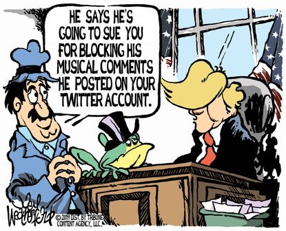 Political Cartoon U.S. Trump Twitter Account Lawsuit Blocking Singing Frog