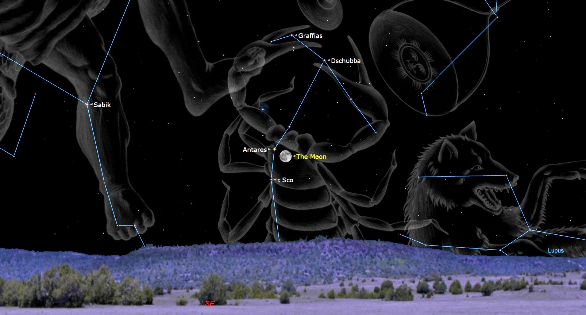night sky map graphic showing the moon shining to the right of Antares.