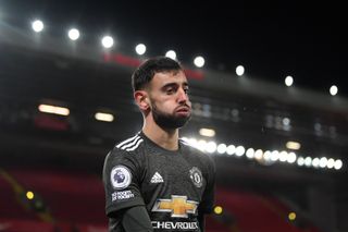 Manchester United’s Bruno Fernandes reacts to a missed chance during the Premier League match at Anfield, Liverpool