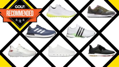 A range of golf shoes in a grid system