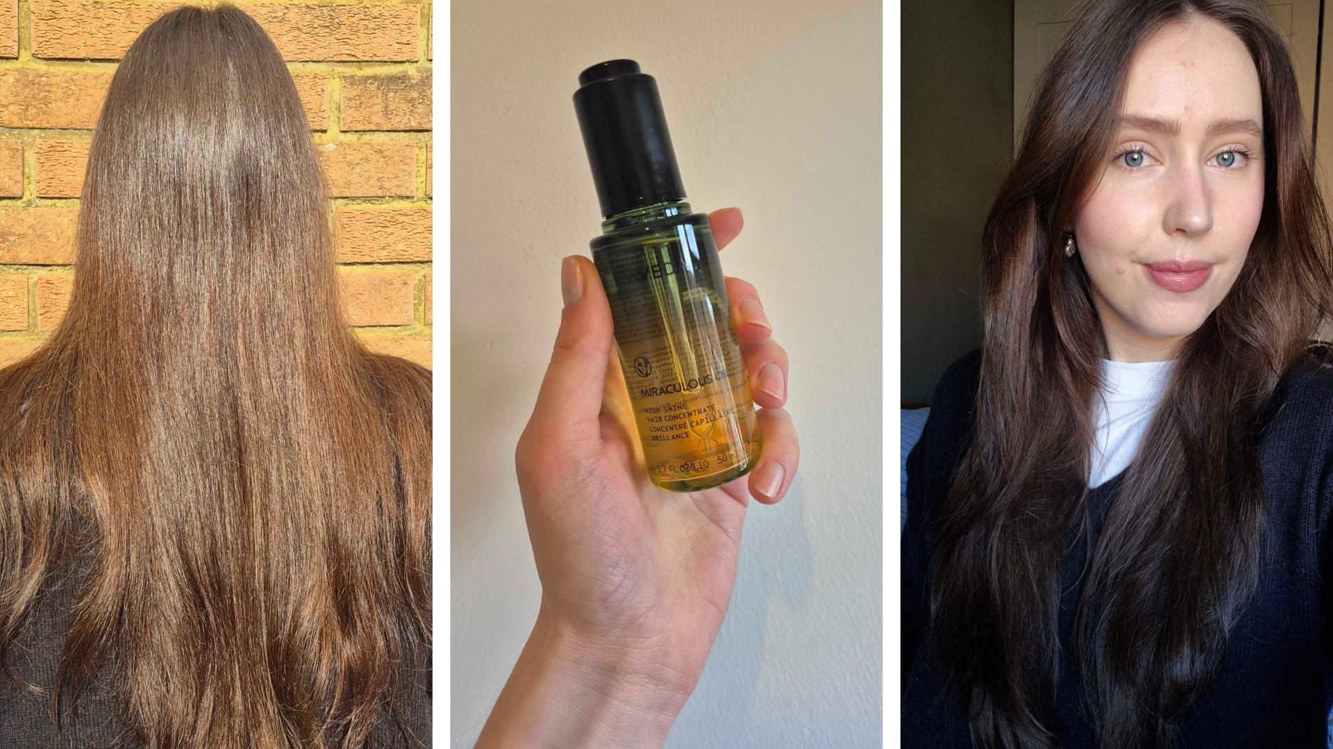On the left is a picture of the back of Digital Beauty Writer Naomi Jamieson's head, to show her hair (with the Aveda Miraculous oil applied) in the daylight, followed by a picture of her hand holding the oil in front of a cream wall and finally, on the right, is a picture of Naomi smiling, with styled hair and the Aveda oil applied.
