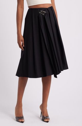 Pleated Wrap Front Midi Skirt