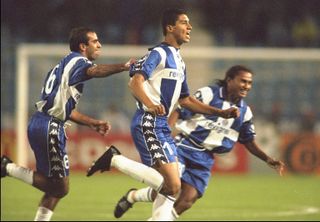 Mario Jardel (centre) celebrates a goal for Porto against Real Madrid in October 1999.