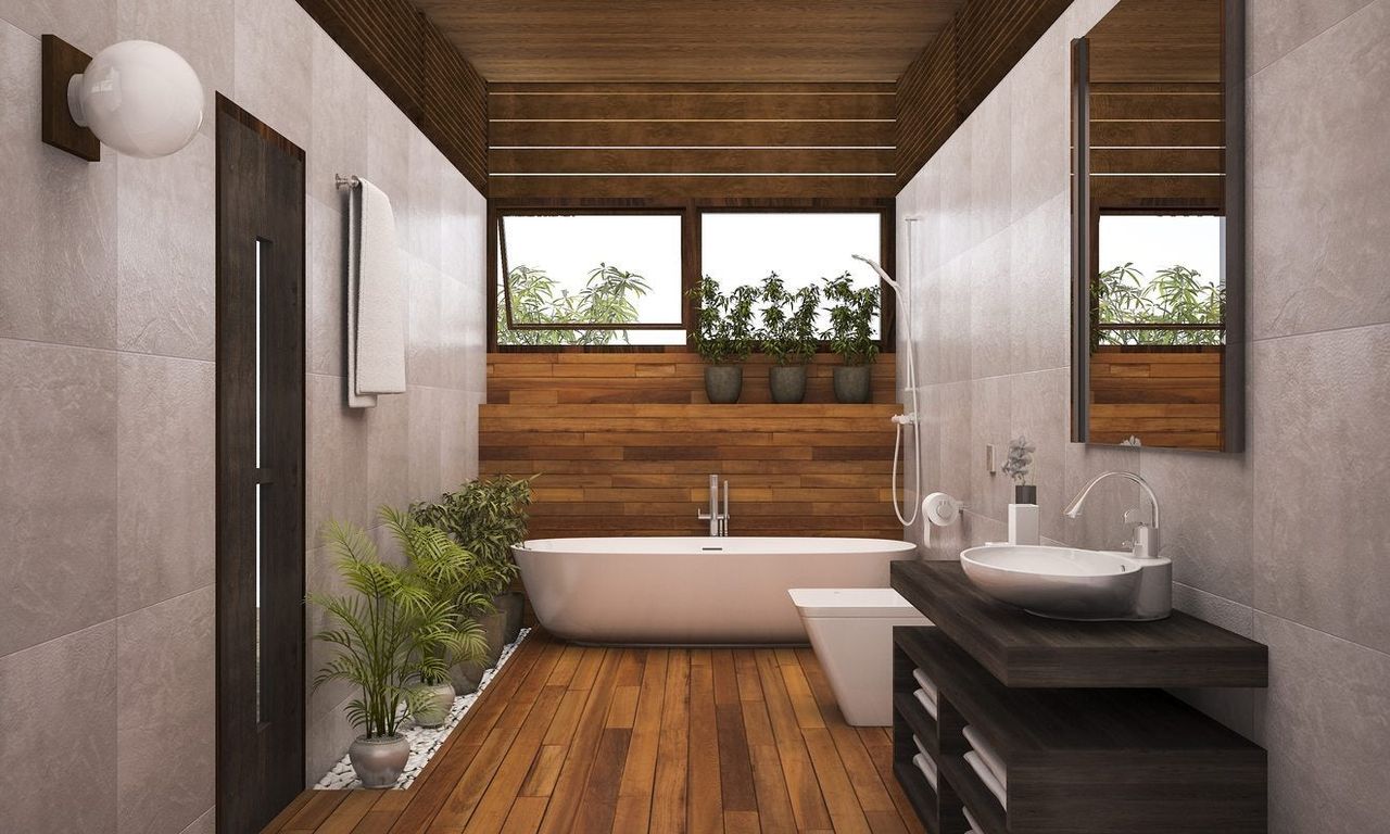 Wooden Walled Bathroom Full Of Potted Green Plants