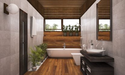 Wooden Walled Bathroom Full Of Potted Green Plants