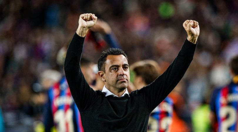 Xavi celebrates Barcelona&#039;s LaLiga title at Camp Nou in May 2023.