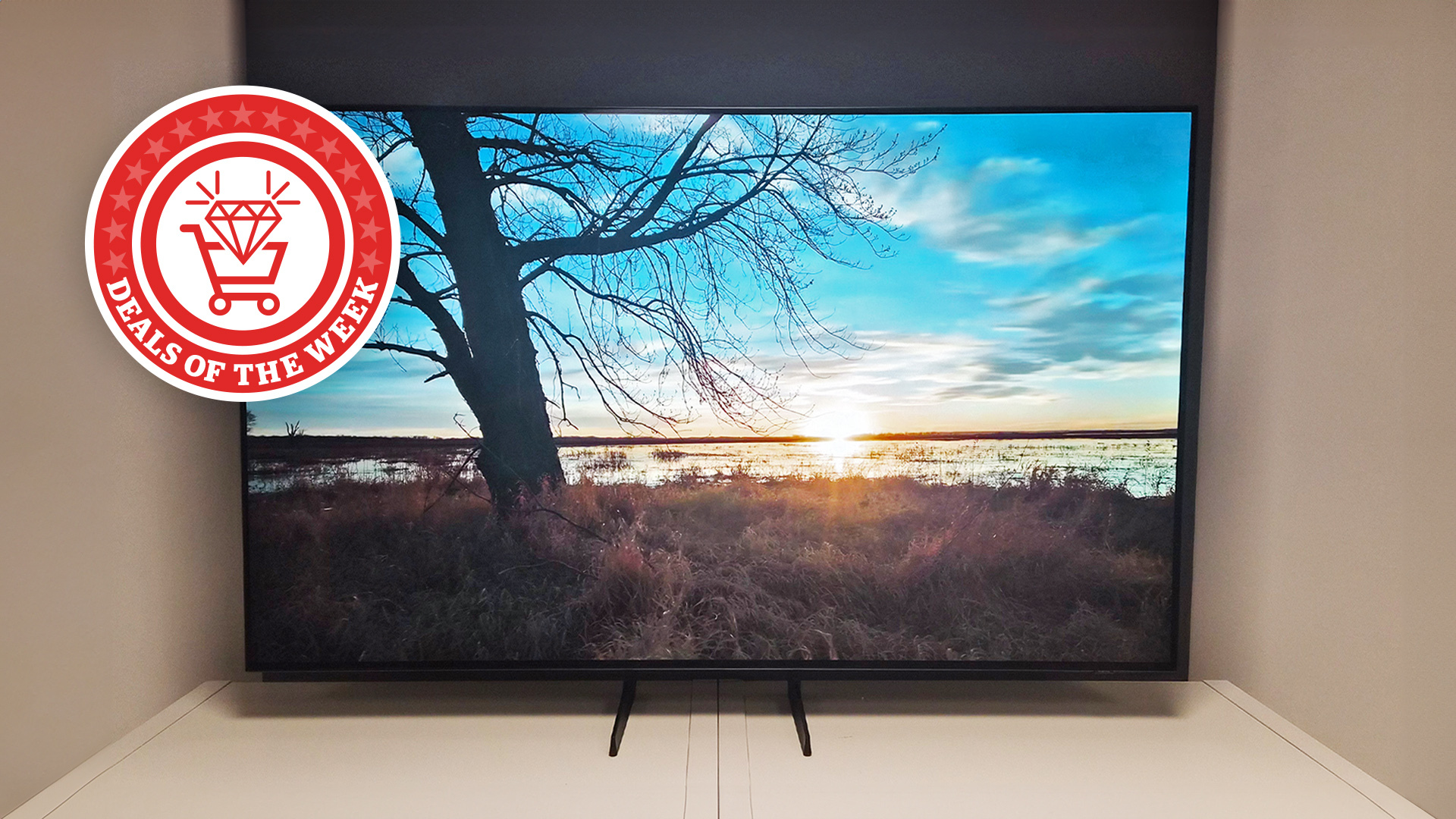 A picture of the Samsung S85H showing a sunny marsh, with the Deals of the Week logo overlaid 