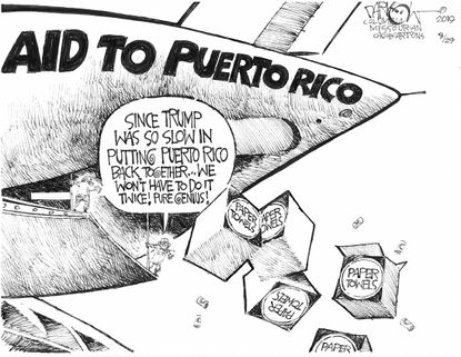 Political Cartoon Puerto Rico Hurricane Dorian Paper Towels Trump Aid