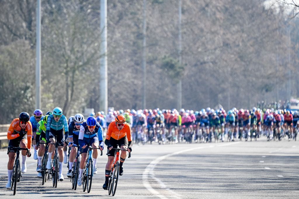 The early breakaway group pictured during the 'Ename Samyn Classic' one day cycling race, 199,1km from Quaregnon to Dour on Tuesday 04 March 2025. BELGA PHOTO TOM GOYVAERTS (Photo by Tom Goyvaerts / BELGA MAG / Belga via AFP)