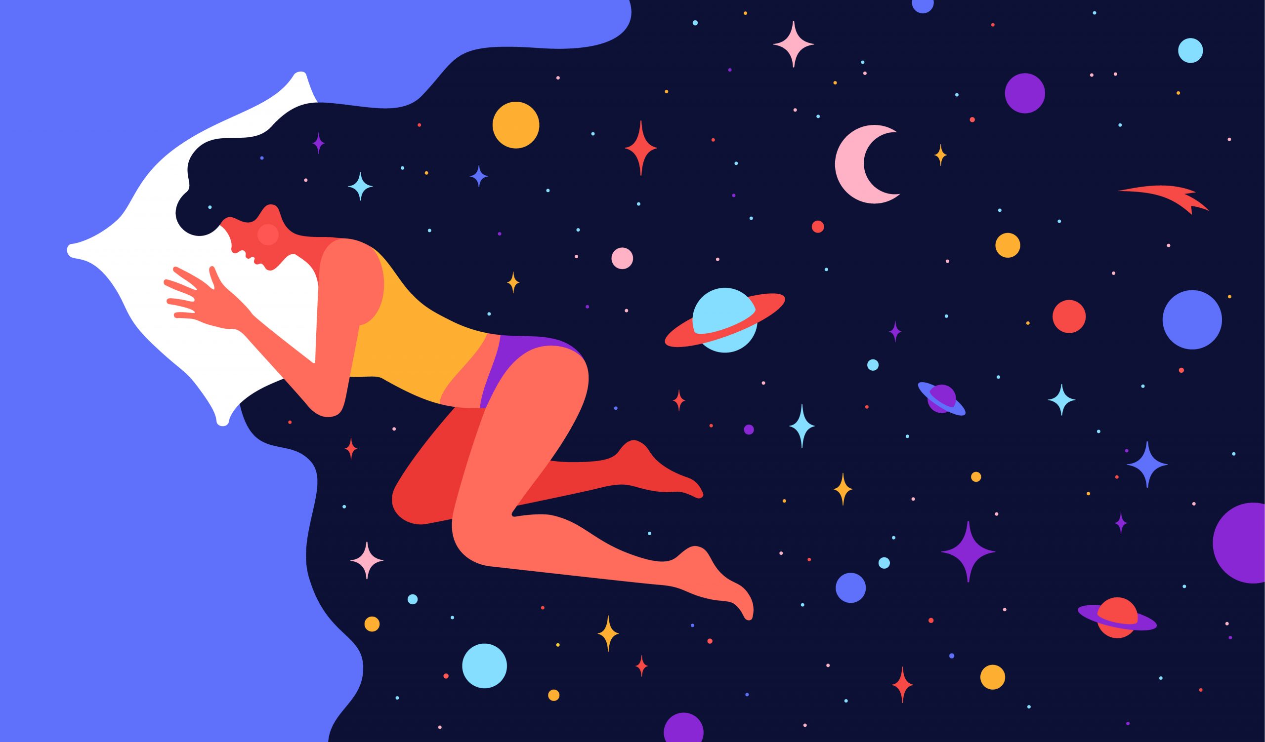 drawing of a woman sleeping in bed with universe to illustrate what dreams mean
