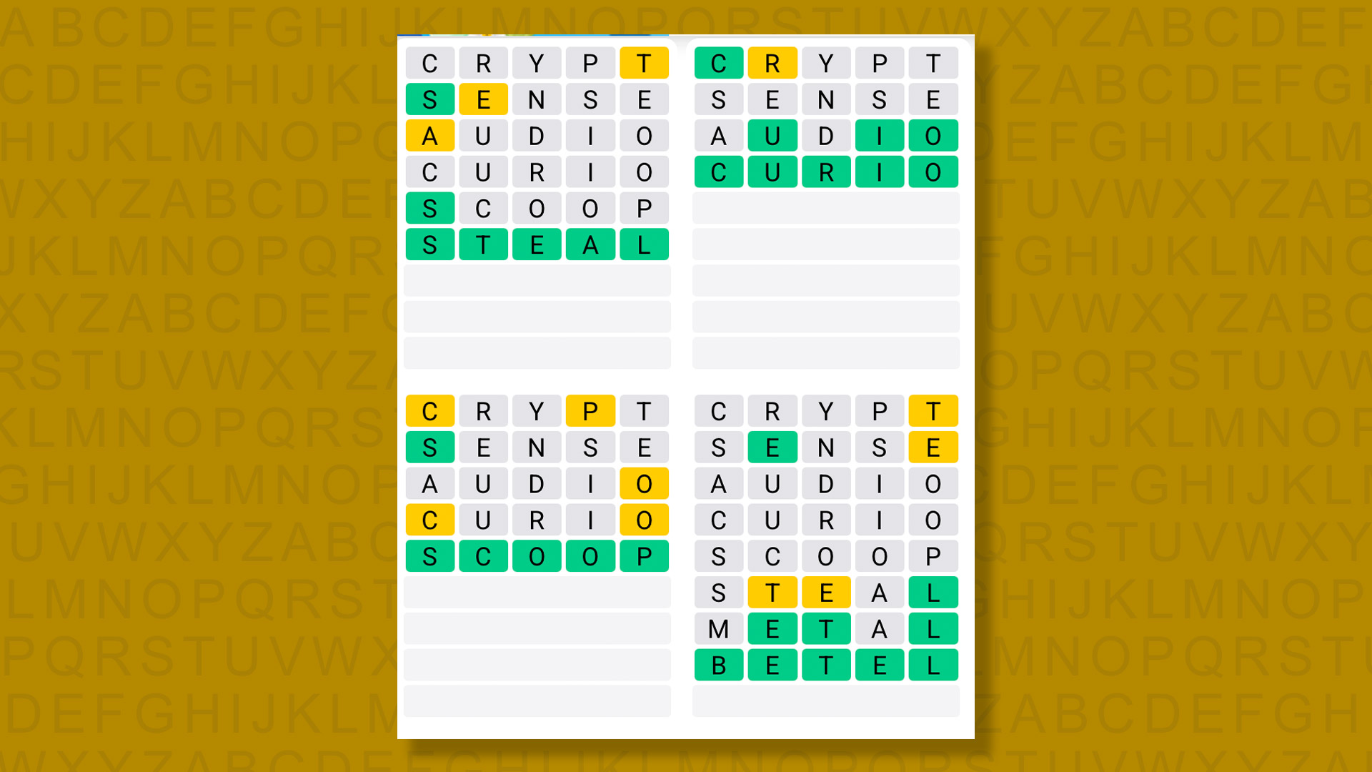 Quordle answers for game 1545 on a yellow background