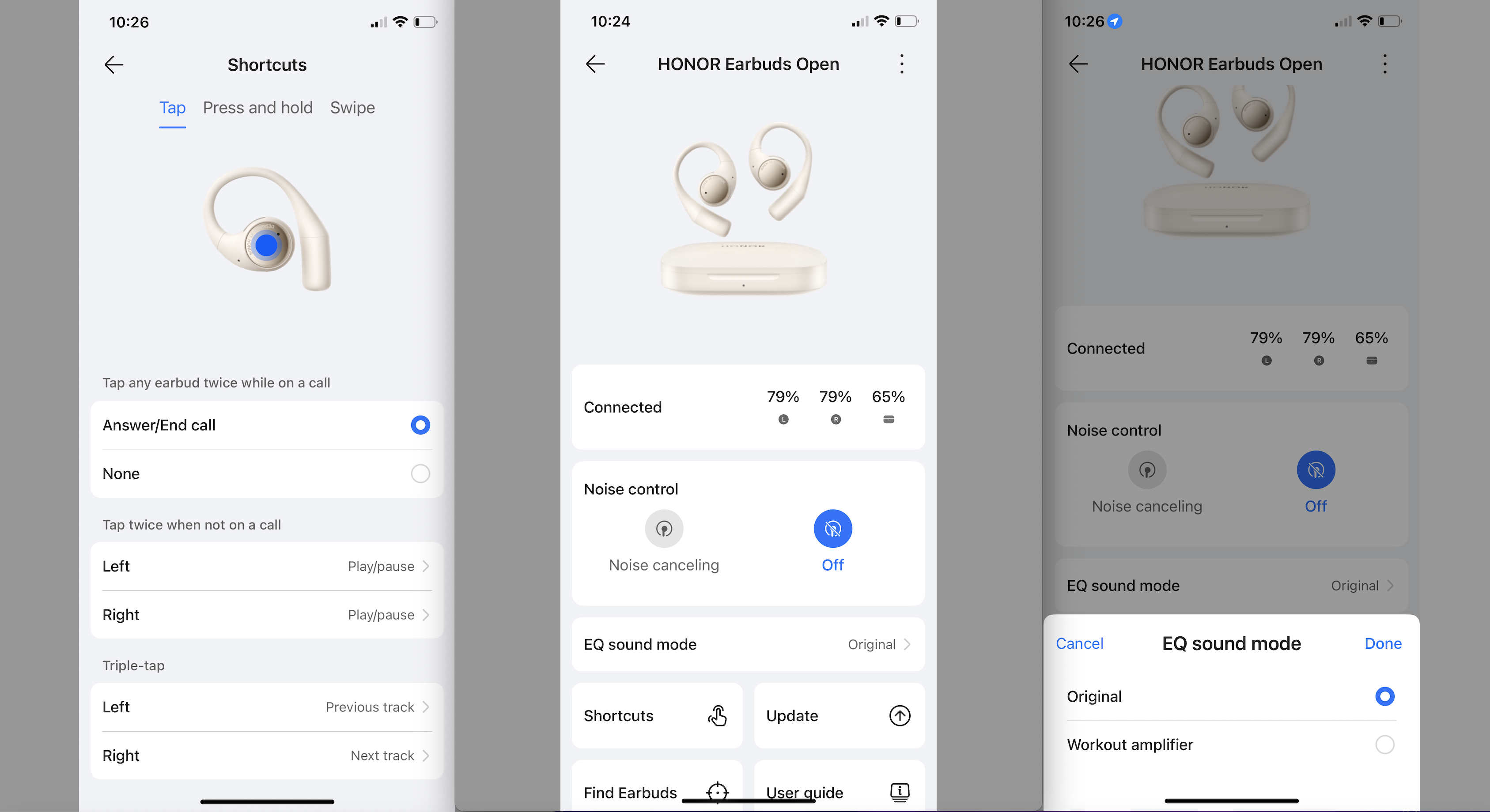 Three screen-grabs of Honor Earbuds Open's Honor AI Space companion app