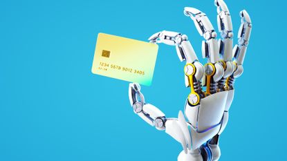 Digital generated image of robot's hand holding credit card against blue background