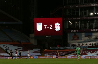 The scoreboard shows Aston Villa's 7-2 win over Liverpool