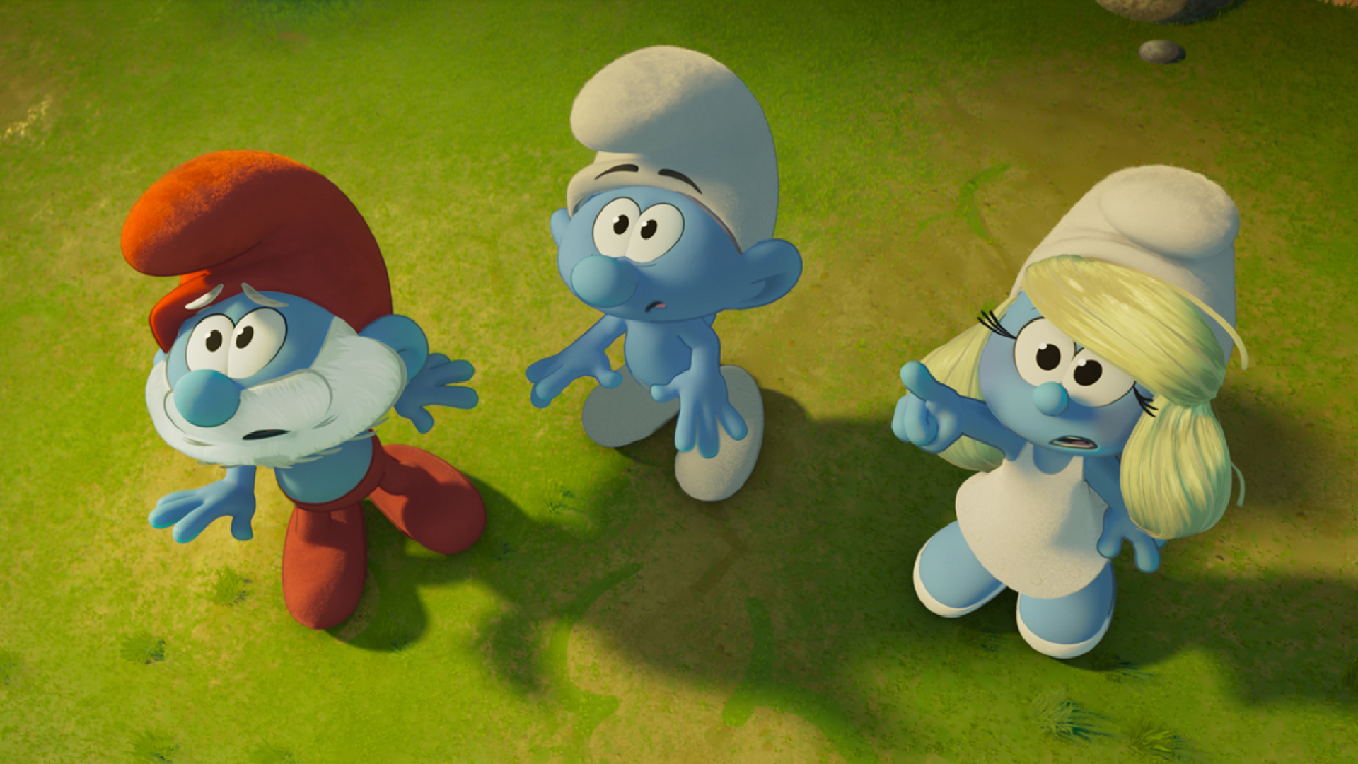 Papa Smurf, Smurf, and Smurfette in Smurfs movie (2025)