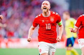 Denmark Euro 2024 squad Denmark's midfielder Christian Eriksen celebrates scoring during the friendly football match Denmark against Sweden in Copenhagen on June 5, 2024. (Photo by Liselotte Sabroe / Ritzau Scanpix / AFP) / Denmark OUT (Photo by LISELOTTE SABROE/Ritzau Scanpix/AFP via Getty Images)