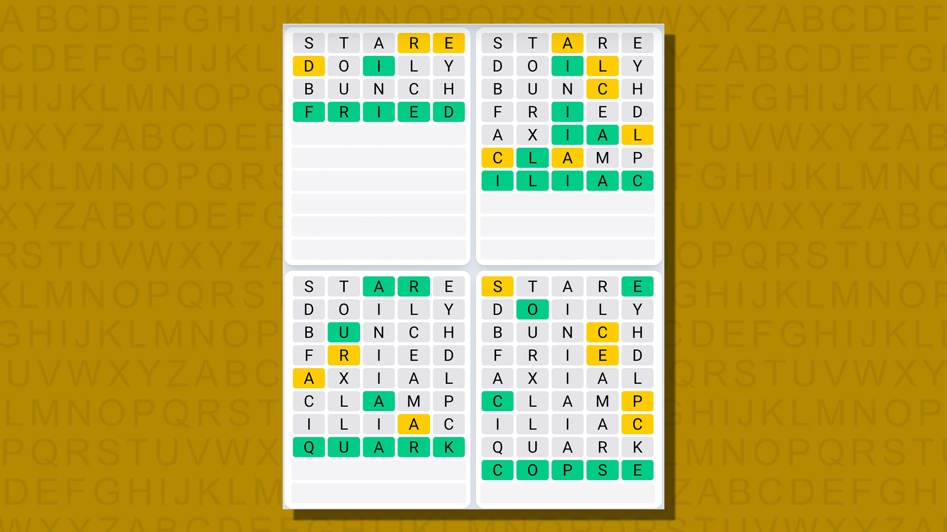 Ответы на последовательность дней Quordle для игры 721 на желтом фоне
