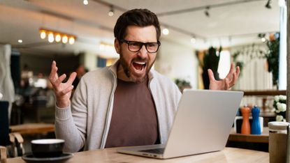 A man is trying to cancel a subscription, frustrated. 