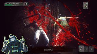 The player tears an enemy to bloody shreds as Uncle Death pops up on screen while popping the horns to remark: "Beautiful!" in Let it Die