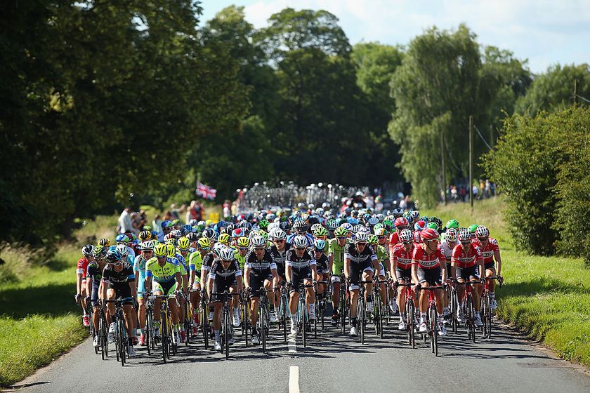 The peloton in action during the first stage of the 2014 Tour de France, a 190km stage between Leeds and Harrogate, on July 5, 2014 in Harrogate, England.