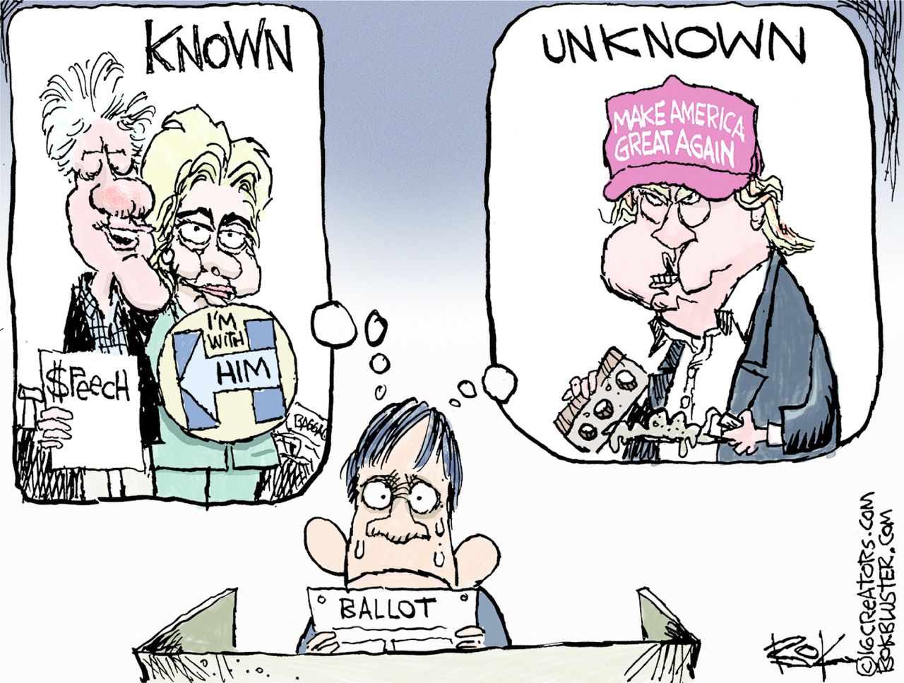 Political cartoon U.S. 2016 election Donald Trump Hillary Clinton voter casting ballot