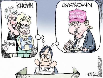 Political cartoon U.S. 2016 election Donald Trump Hillary Clinton voter casting ballot
