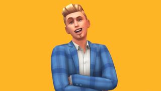 The Sims 4- a white man with blonde hair wearing a blue sport coat crosses his arms and smiles