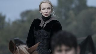 Jodie Comer sits on a horse in The Last Duel