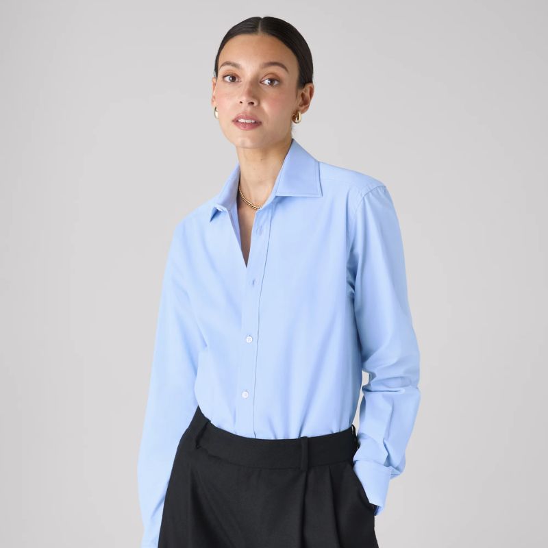 The Boyfriend: Fine Poplin, Sky Blue on model 