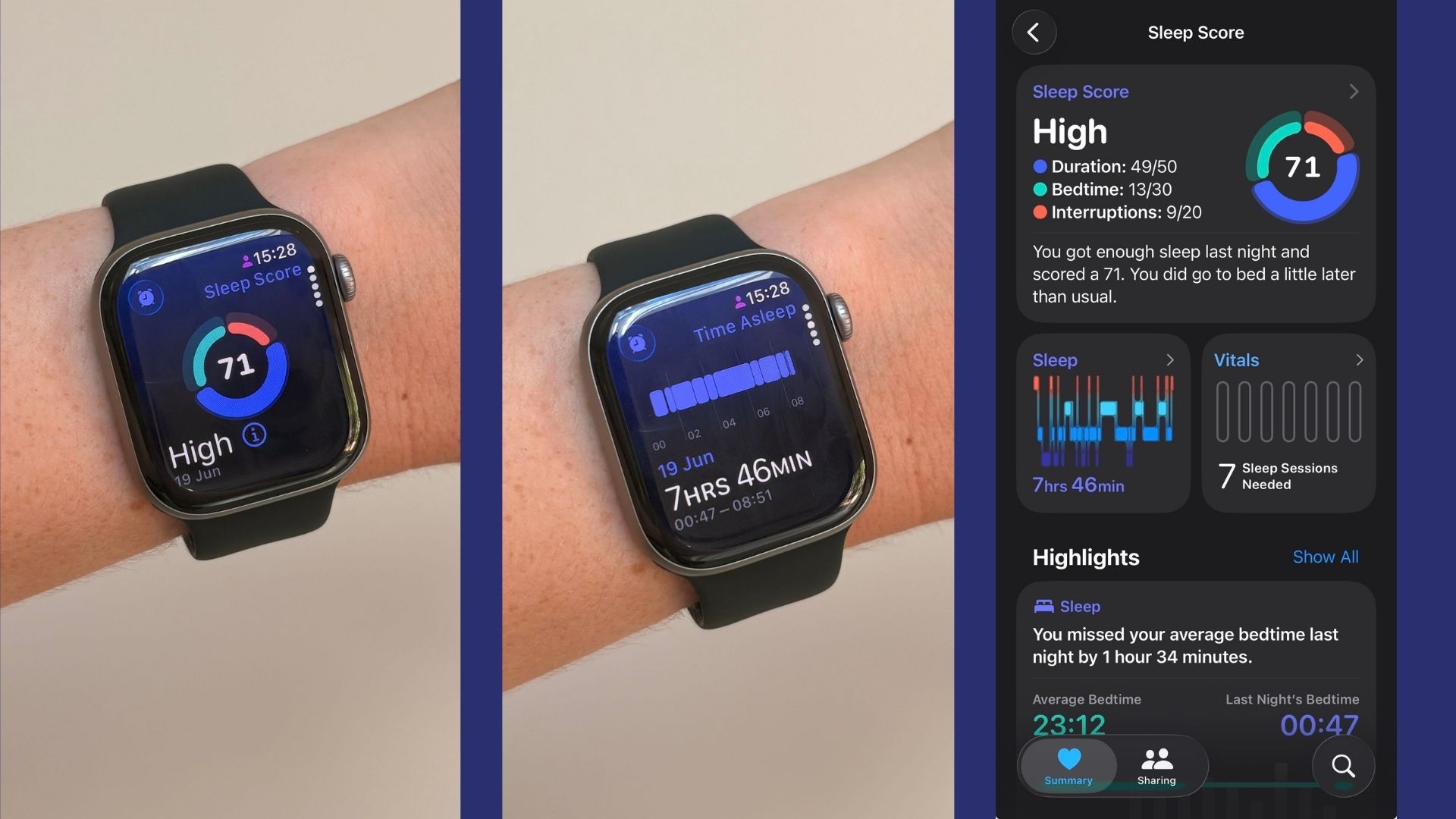 Grace Walsh holding up Apple Watch Series 11 to display Sleep Score and insights