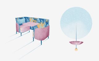 .Sketch of loveseats at the Asian Jin Gui restaurant and pendant lamps in the guestrooms