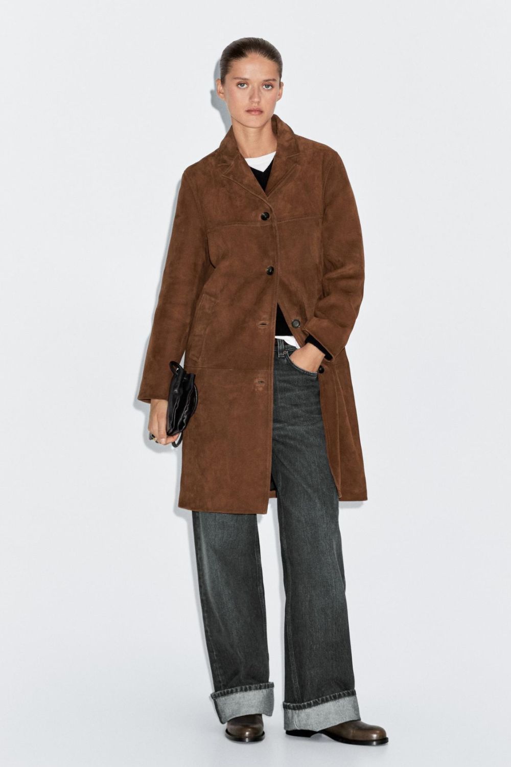 Massimo Dutti Long Suede Leather Coat
