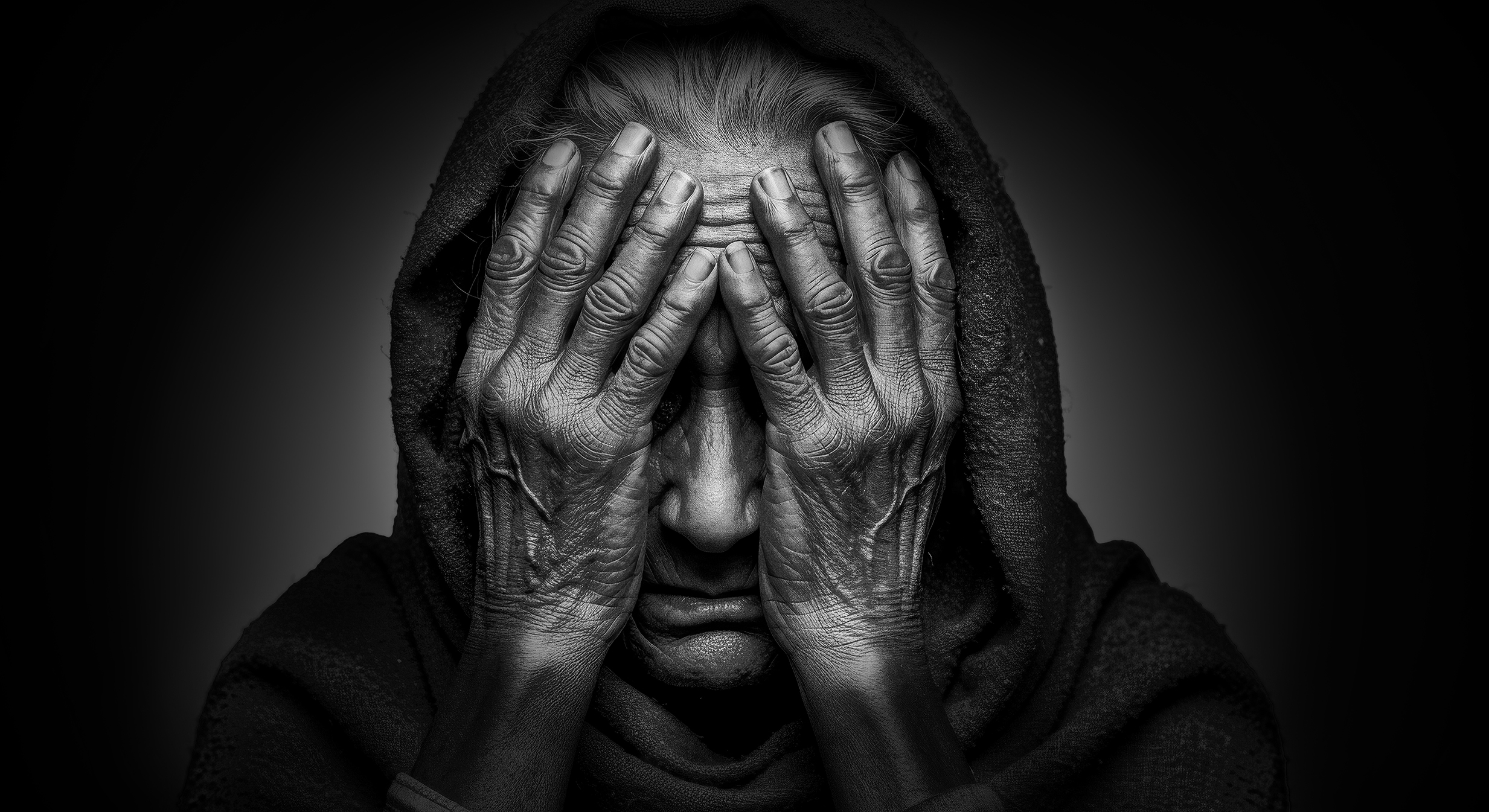 A woman cloaked in a dark hooded garment, surrounded by a dramatic black background, evokes mystery and intrigue