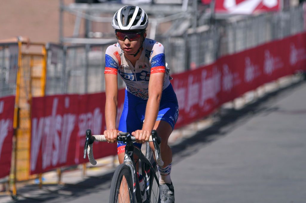 SIENA ITALY AUGUST 01 Arrival Cecilie Uttrup Ludwig of Denmark and Team FDJ NouvelleAquitaine Futuroscope during the Eroica 6th Strade Bianche 2020 Women Elite a 136km race from Siena to Siena Piazza del Campo StradeBianche on August 01 2020 in Siena Italy Photo by Luc ClaessenGetty Images