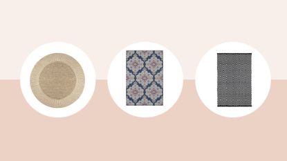Outdoor rugs: Image of three different rugs on pink background