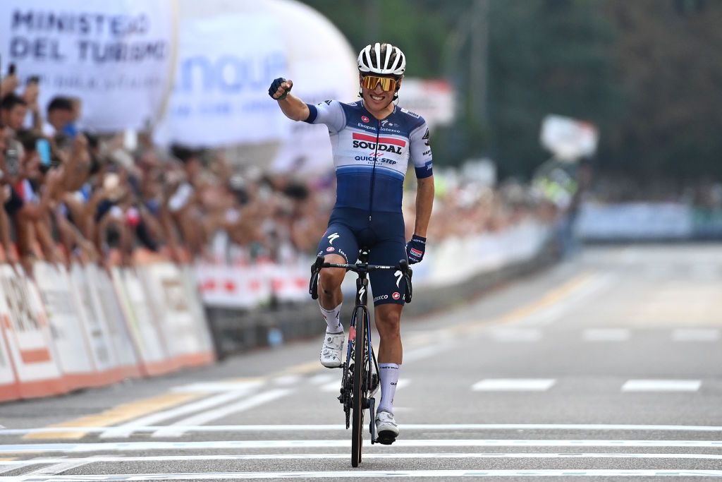 VARESE ITALY OCTOBER 03 Ilan Van Wilder of Belgium and Team Soudal Quick Step celebrates at finish line as race winner during the 102nd Tre Valli Varesine 2023 a 19654km one day race from Busto Arsizio to Varese on October 03 2023 in Varese Italy Photo by Tim de WaeleGetty Images