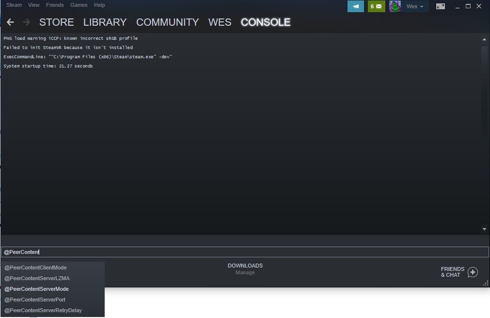 Captura de tela do console Steam aberto com texto de linha de comando para permitir downloads ponto a ponto.
