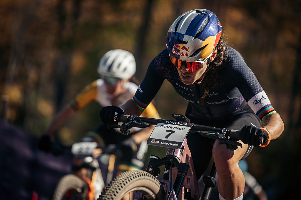 Kate Courtney of United States competes in the UCI Mountain Bike World Championships Cross Country XCO Women Elite on October 05, 2025 in Lake Placid, New York. (Photo by Piotr Staron/Getty Images)