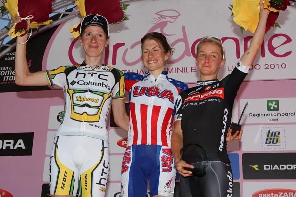 Stage podium (L-R): Judith Arndt (HTC - Columbia Women), Mara Abbot (United States) and Emma Pooley (Cervelo Test Team).