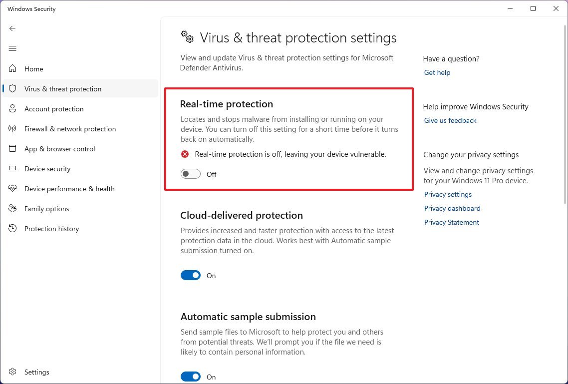 Антивирусная программа Microsoft Defender отключит защиту в режиме реального времени