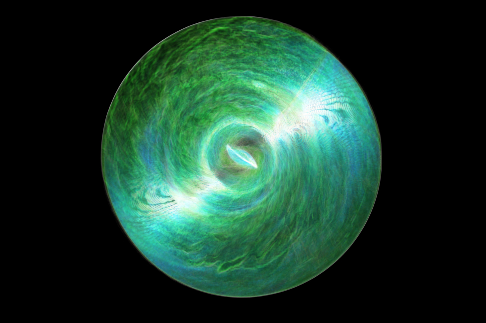 Simulación de agujeros negros supermasivos que consumen discos gaseosos.  principalmente verde y azul.
