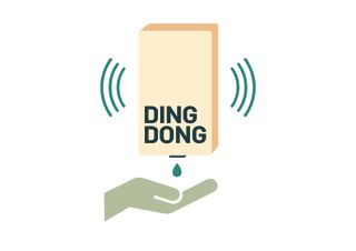 White background, illustration design, neutral colour hand gel dispenser with the words 'Ding Dong' in dark green letters, sound waves on each side in green, teardrop of green hand gel falling into a green hand with palm up underneath the dispenser unit