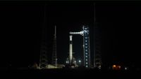 A SpaceX Falcon 9 rocket with the company&rsquo;s Dragon spacecraft on top stands vertical on the launch pad at Space Launch Complex 40 at Cape Canaveral Space Force Station in Florida on Friday, Feb. 13, 2026, ahead of NASA&rsquo;s SpaceX Crew-12 launch.