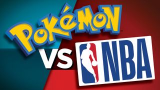 The Pokémon and NBA logos against a red background with a versus symbol between them.