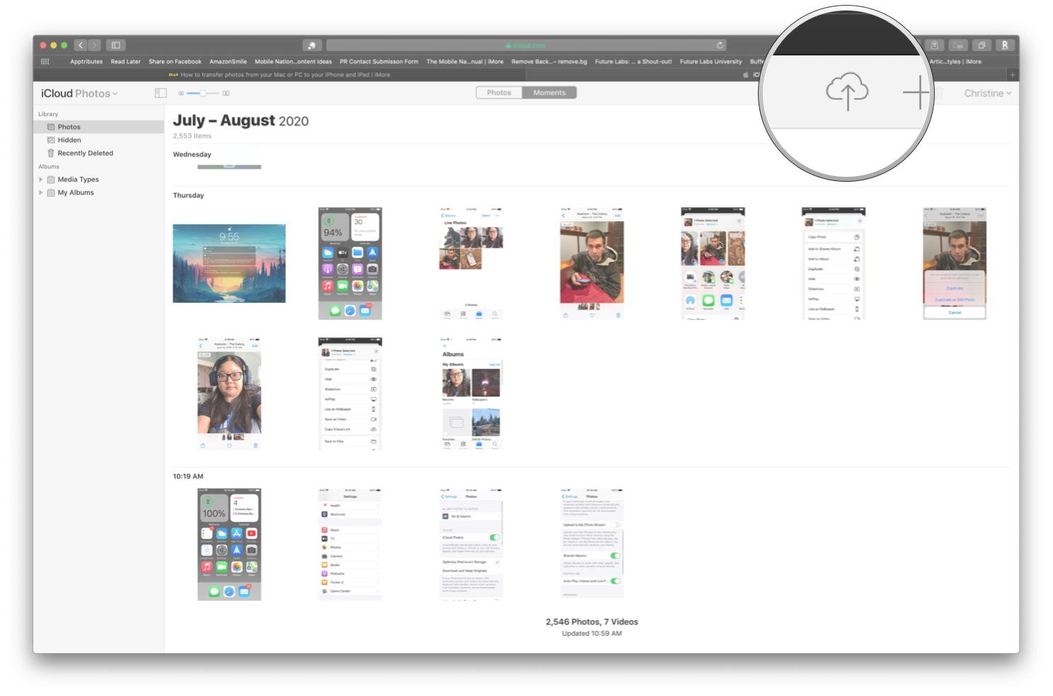 Upload your photos via web on iCloud.com by showing steps: Click on the Upload button at the top