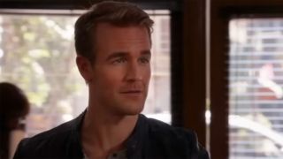 James Van Der Beek wearing a black henley in a coffee shop in Don't Trust The B. 