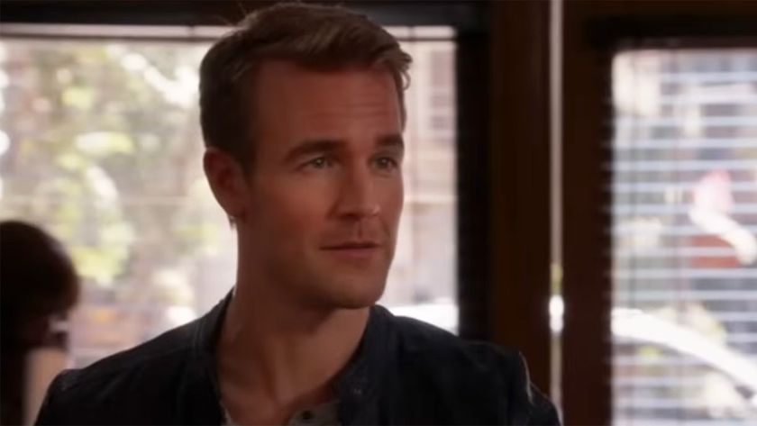James Van Der Beek wearing a black henley in a coffee shop in Don't Trust The B. 