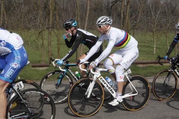 Thor Hushovd (Garmin-Cervelo) rolls out of Milan.